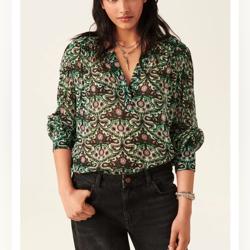 Ba&Sh CHEMISE FEL women’s viscose top NWOT green pattern sheer size 3 large